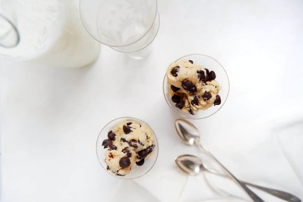 edible chocolate chip cookie dough for two with milk