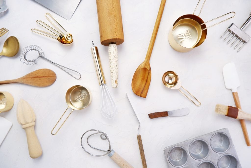 rolling pins, spatulas, pans and other tools used for baking