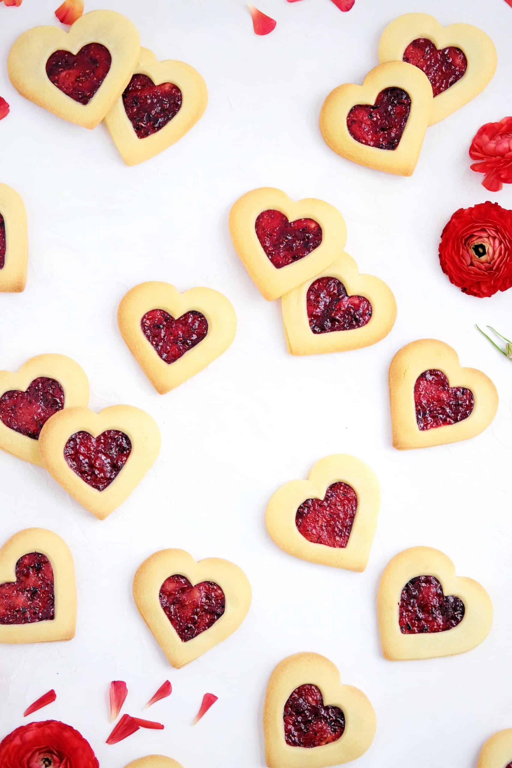 heart shaped butter cookies with raspberry jam