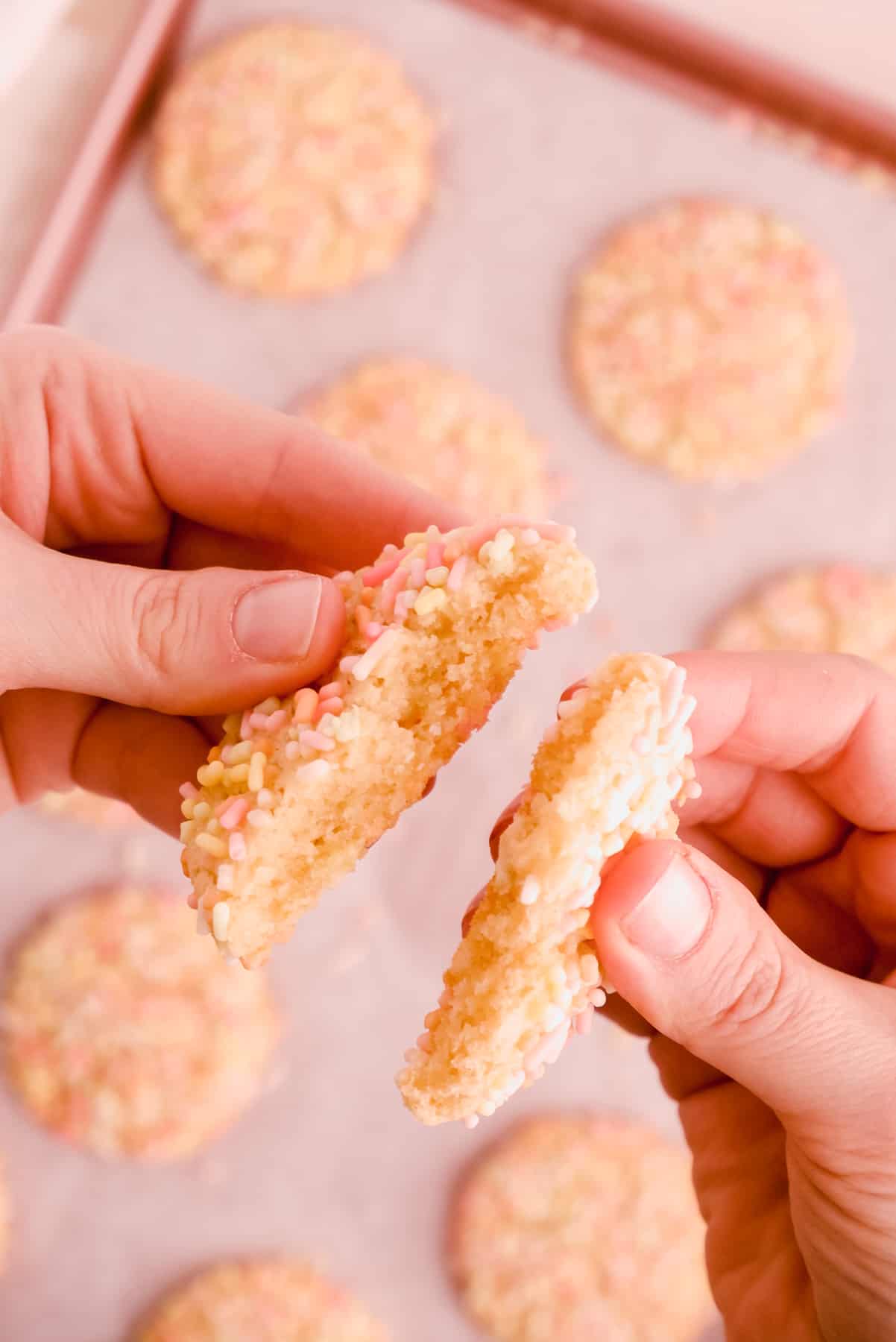 a birthday cake cookie overtop of a sheet of birthday cake cookies being broken open by a pair of hands