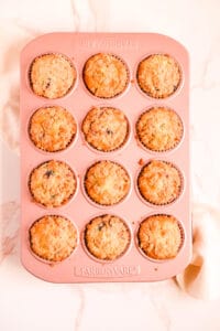 blueberry muffins with cinnamon streusel baked and in their pan still
