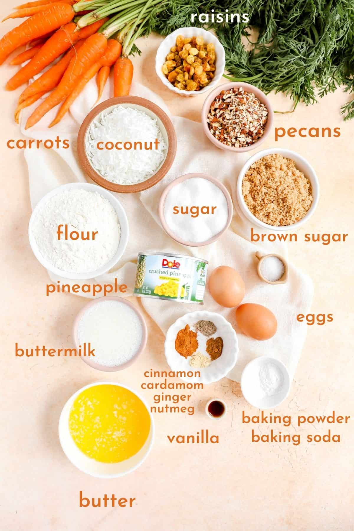 ingredients for carrot cake with pineapple all in separate bowls.