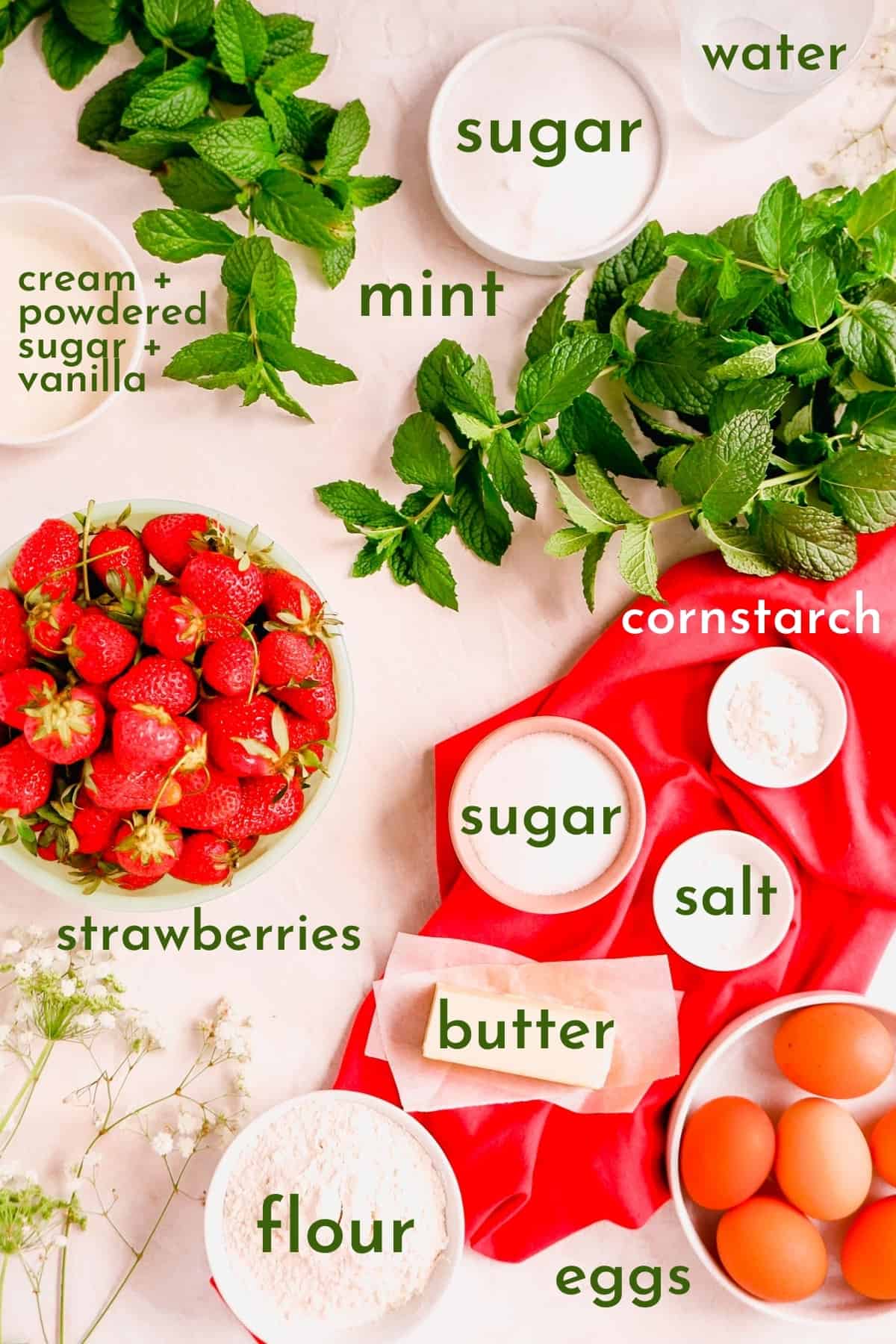 ingredients for making strawberry mint trifle in bowls.