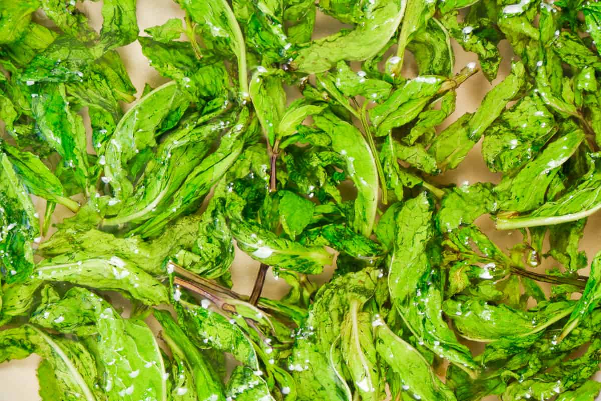 mint leaves submerged in hot simple syrup close up.