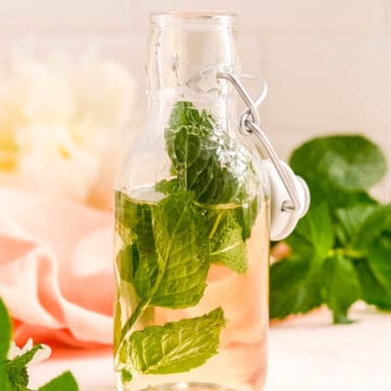 a partial bottle of mint simple syrup with a mint leaf in it.