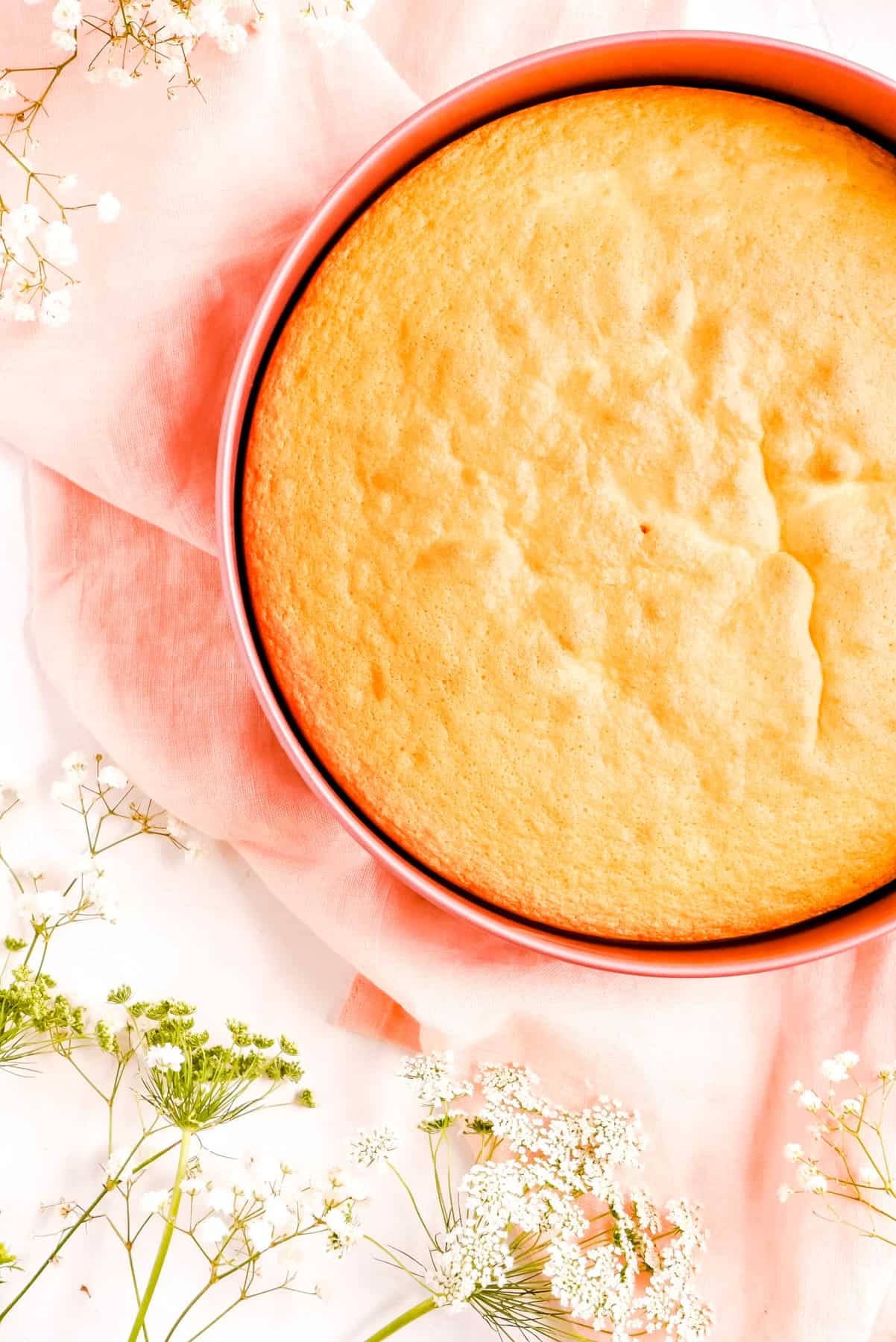 a fully baked genoise sponge cake still in its pink pan on a pink towel with flowers on the table.