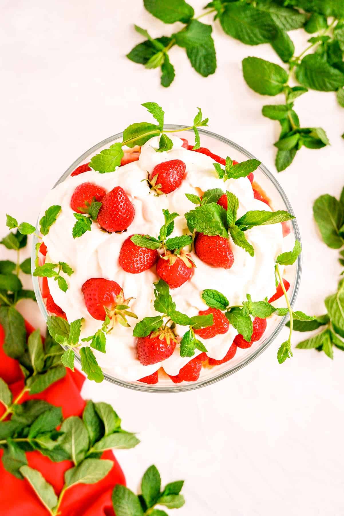 a trifle dish from fully garnished with strawberries and mint leaves on top of whipped cream.