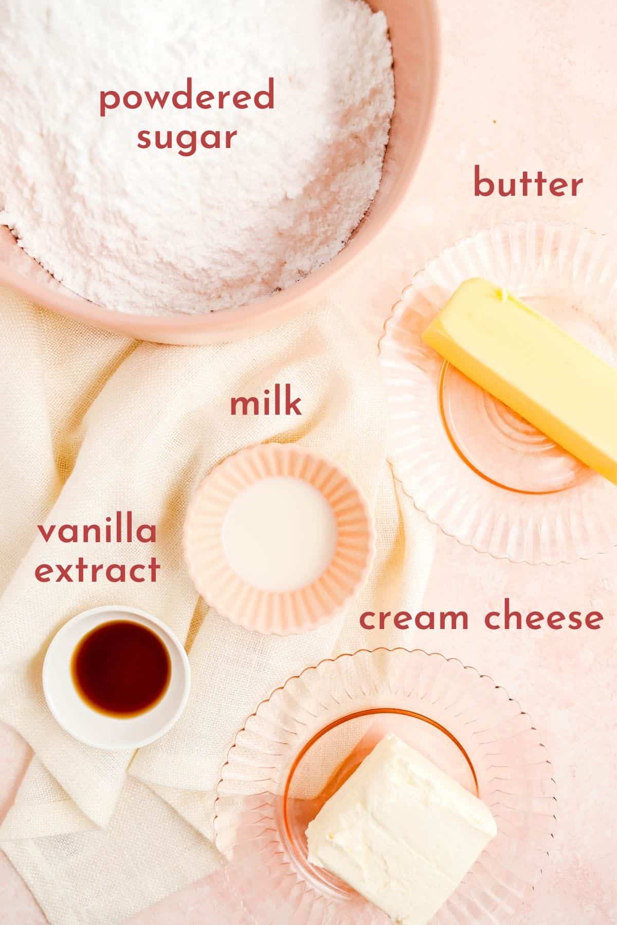 ingredients in bowls and on plates to make cream cheese frosting without heavy cream.