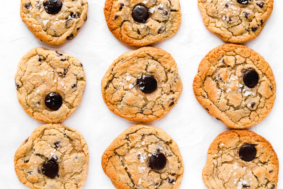 close up of 9 chocolate chip cookies baked using different baking settings