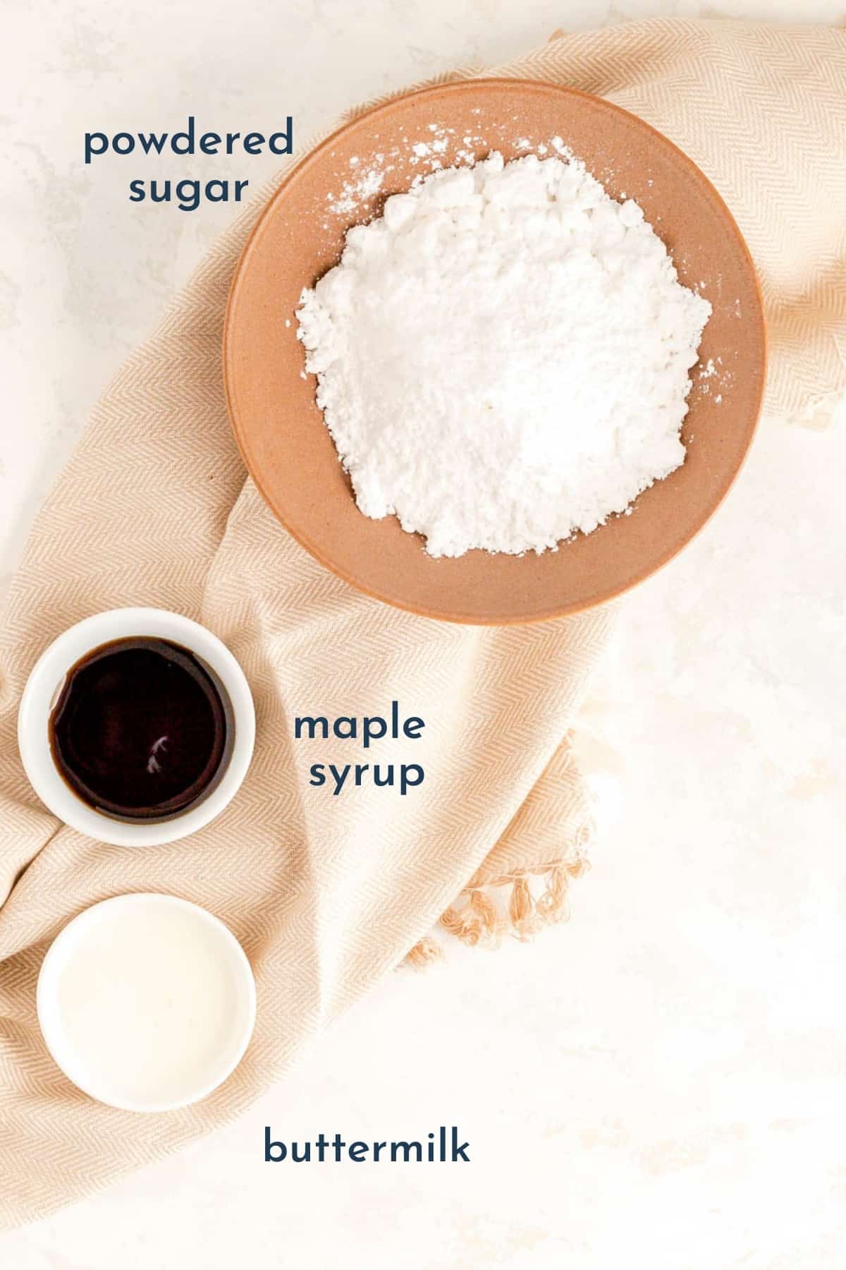 labeled bowls of ingredients for making maple glaze