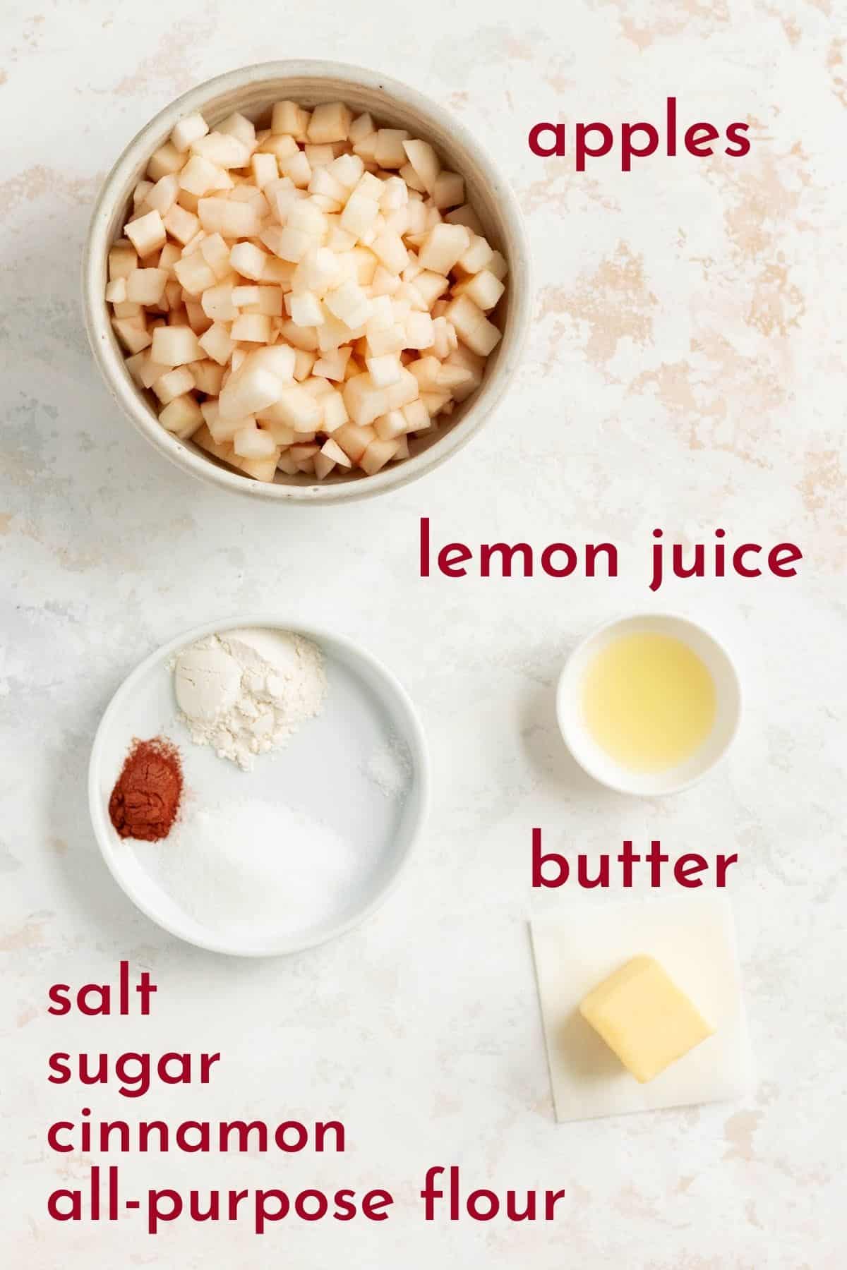 ingredients for apple pie pockets in individual bowls