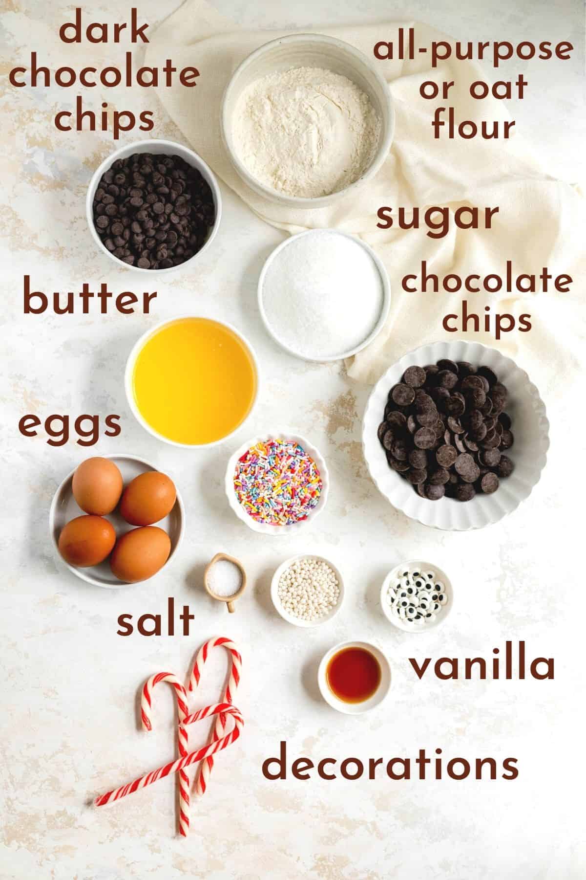ingredients for brownie truffles and decorations in individual bowls