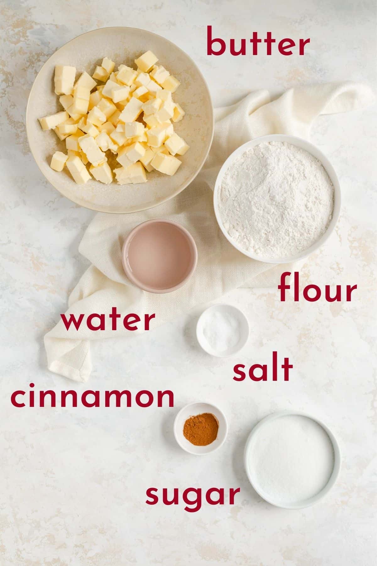 ingredients for pie crust cookies in individual bowls
