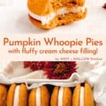 Pumpkin Whoopie Pies with Cinnamon Cream Cheese Filling Recipe pinterest pin graphic