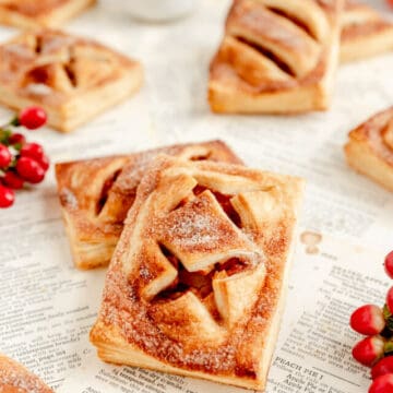 a side view showing the layered pie crust of an apple pie pocket