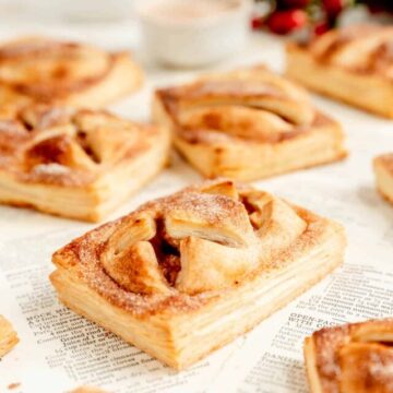 a side view showing the layered pie crust of an apple pie pocket