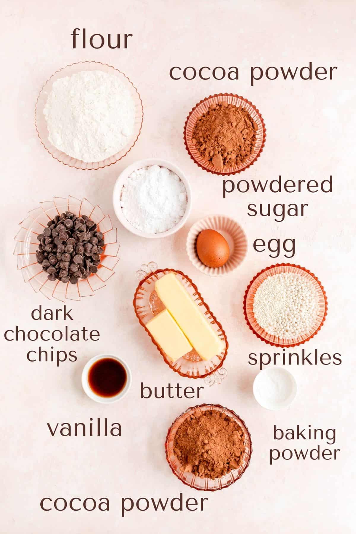 flour, cocoa, powdered sugar, egg, chocolate chips, butter, vanilla, baking powder, and sprinkles in bowls.
