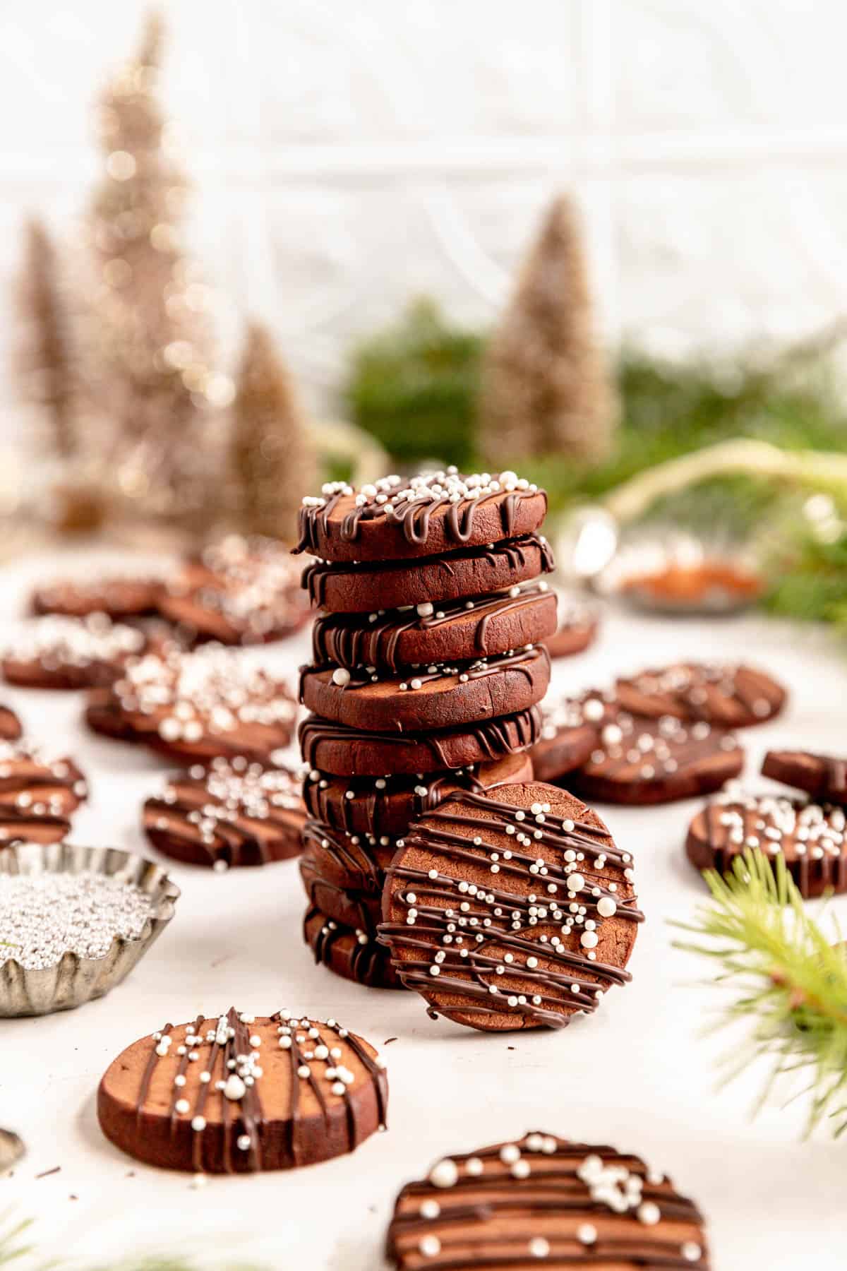 a stack of decorated chocolate butter cookies with on leaning upright on the stack with evergreen branches.