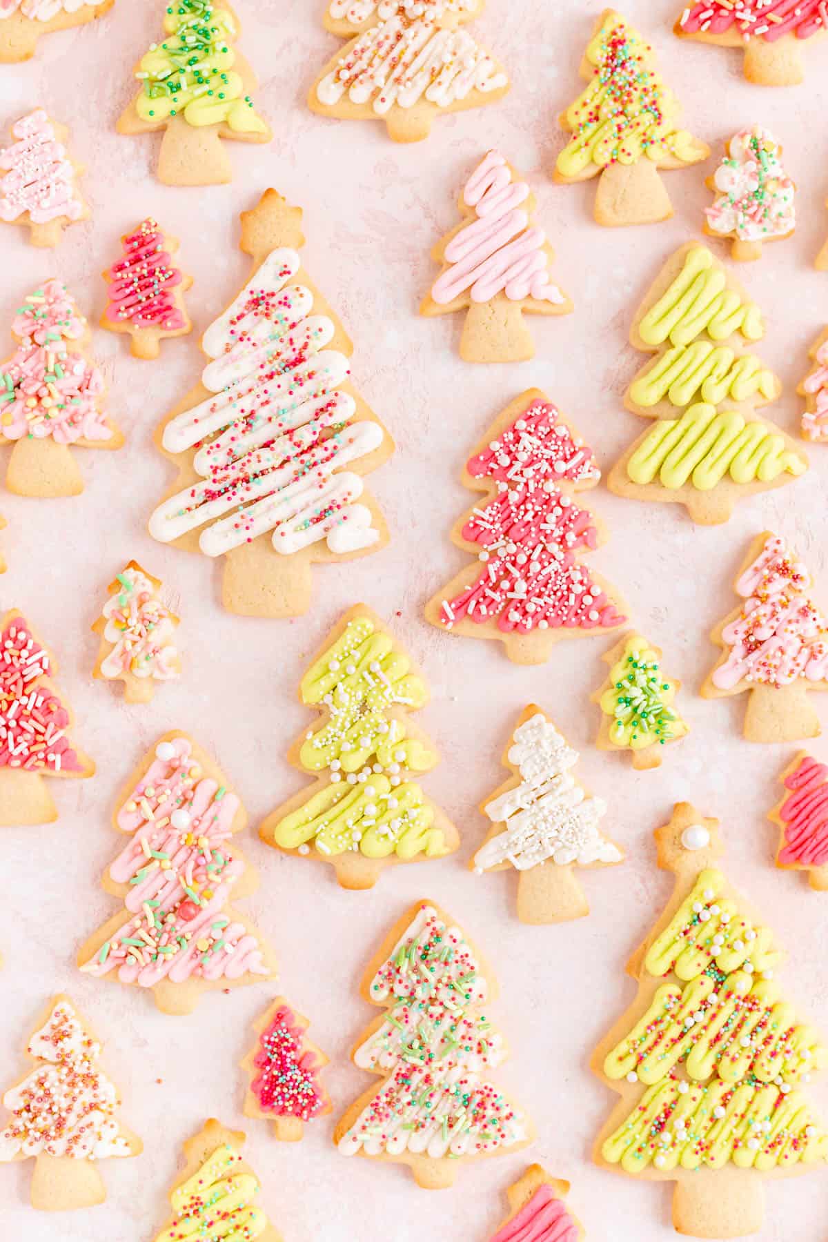 Overhead view of pink white and green Christmas tree sugar cookies in various sizes