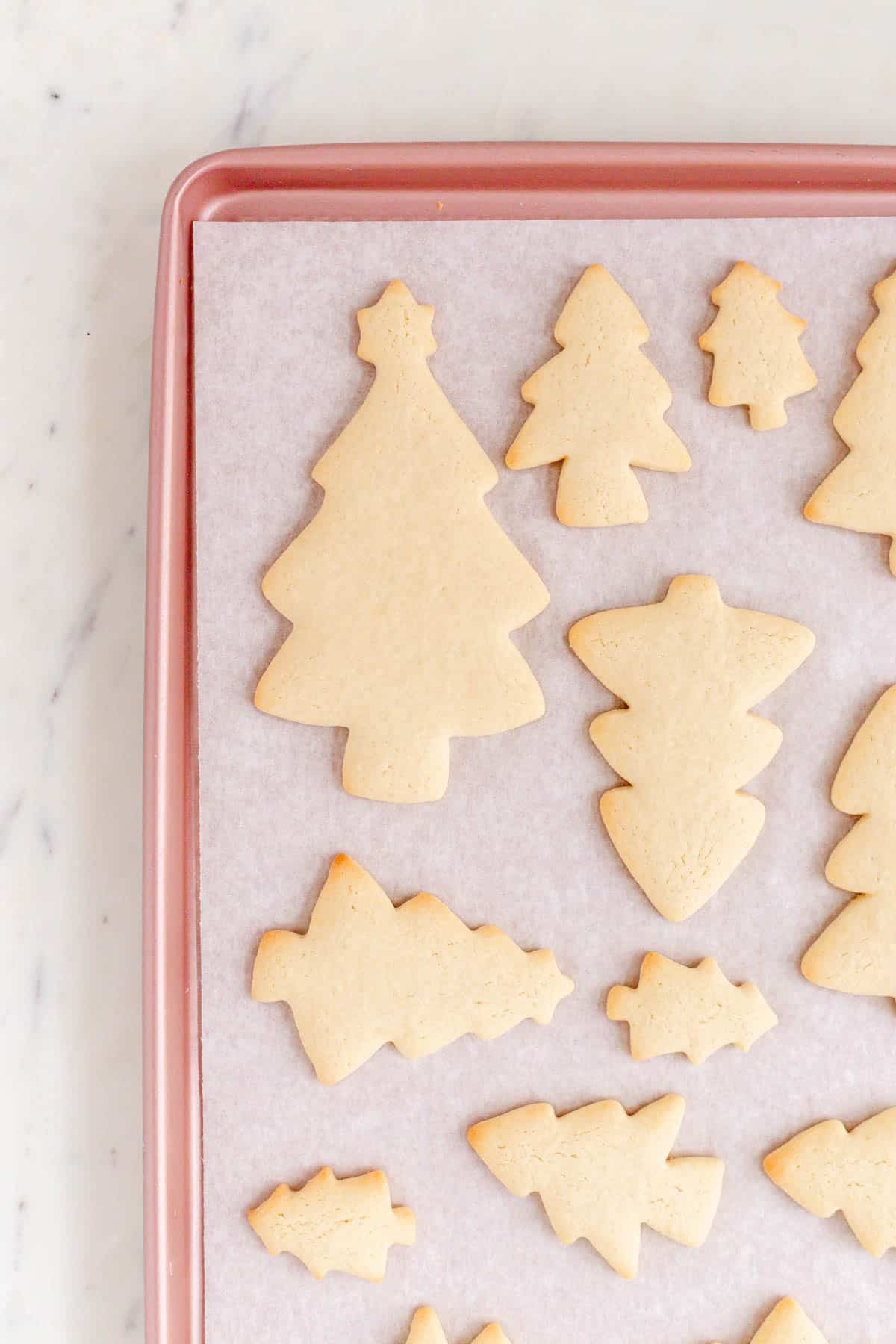 Baked Christmas tree sugar cookies on parchment on a pink baking sheet