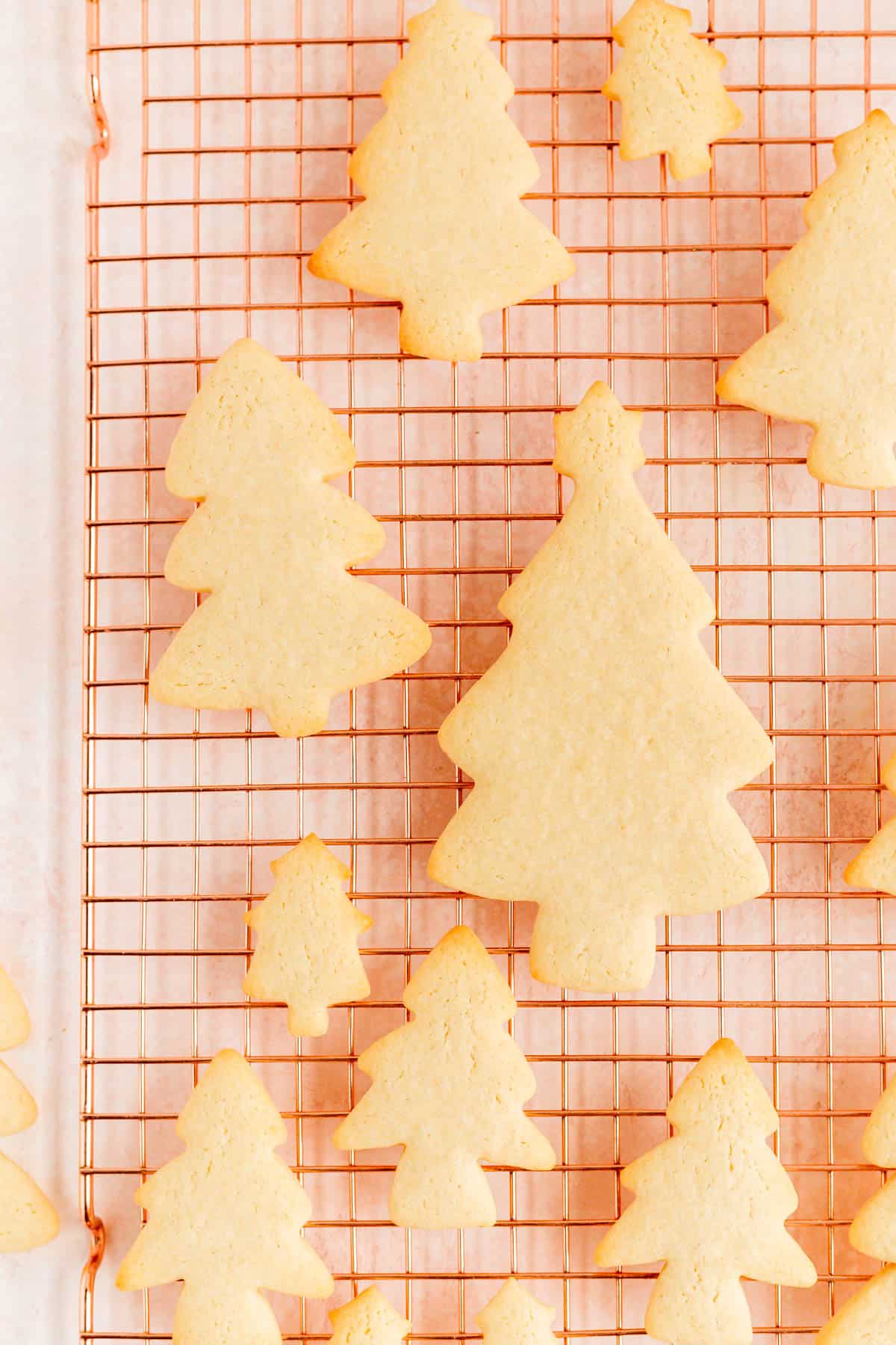 baked Christmas tree sugar cookies on a copper wire rack and pink background