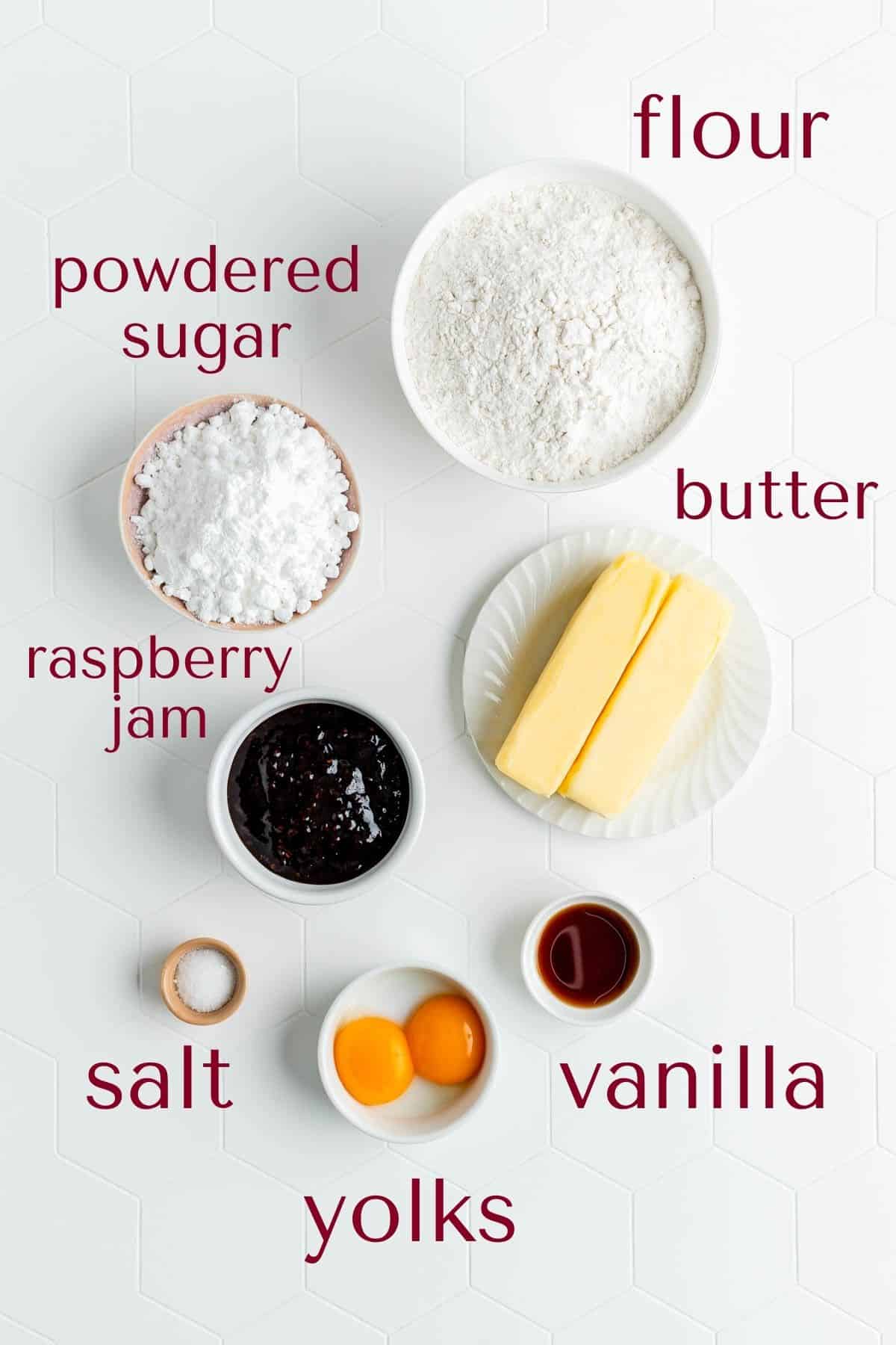 Ingredients for raspberry filled shortbread cookies.