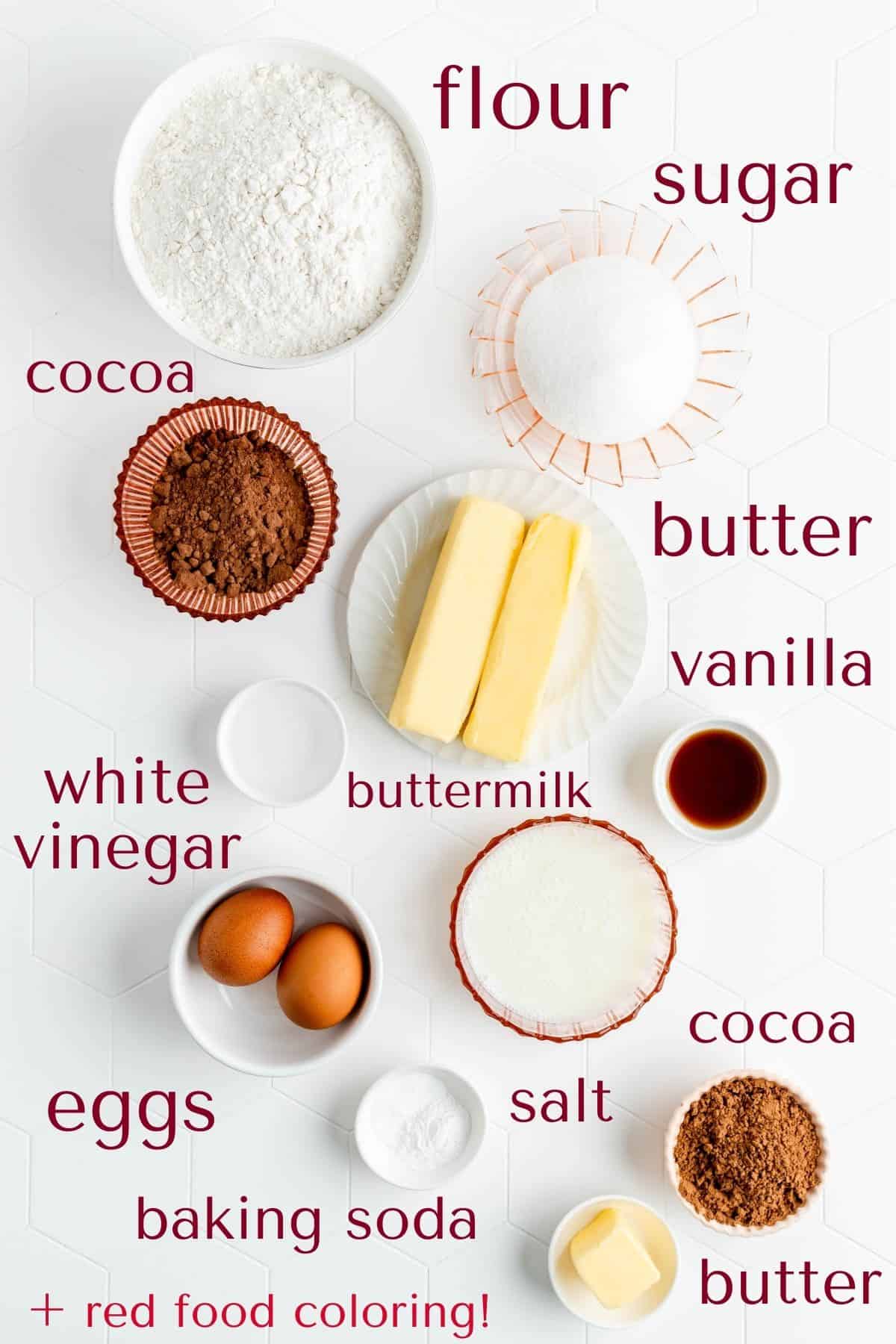 Ingredients for red velvet Bundt cake in individual bowls on white background.