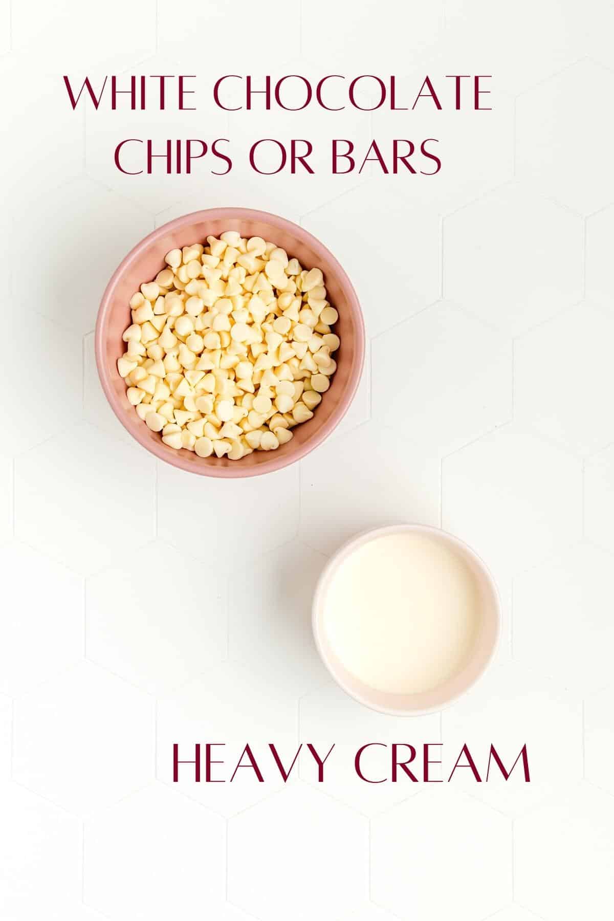 Ingredients for white chocolate sauce in individual bowls on white honeycomb background.