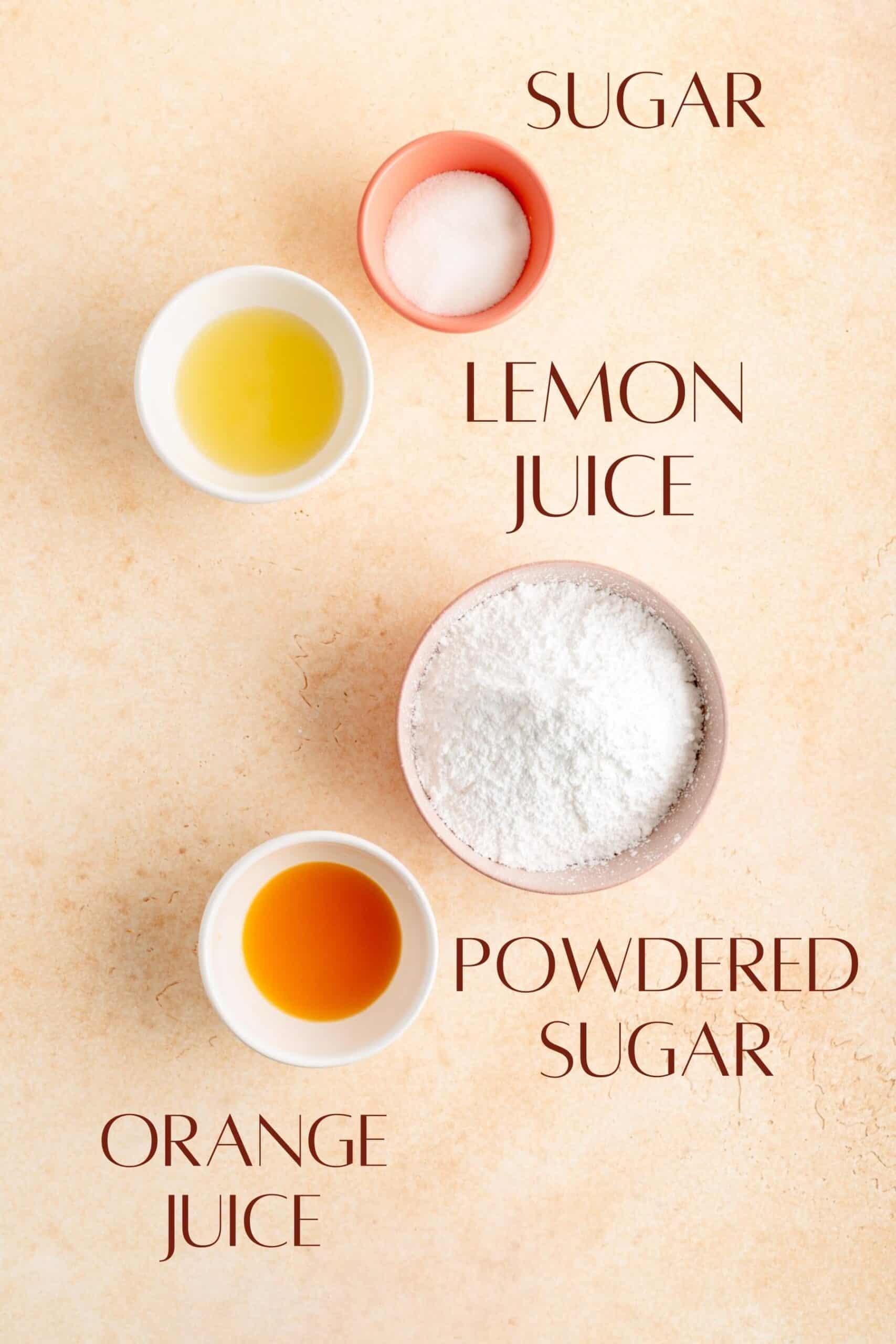 labeled lemon syrup and orange glaze ingredients in individual bowls on an orange background.