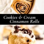 Pinterest graphic for cookies and cream cinnamon roll.