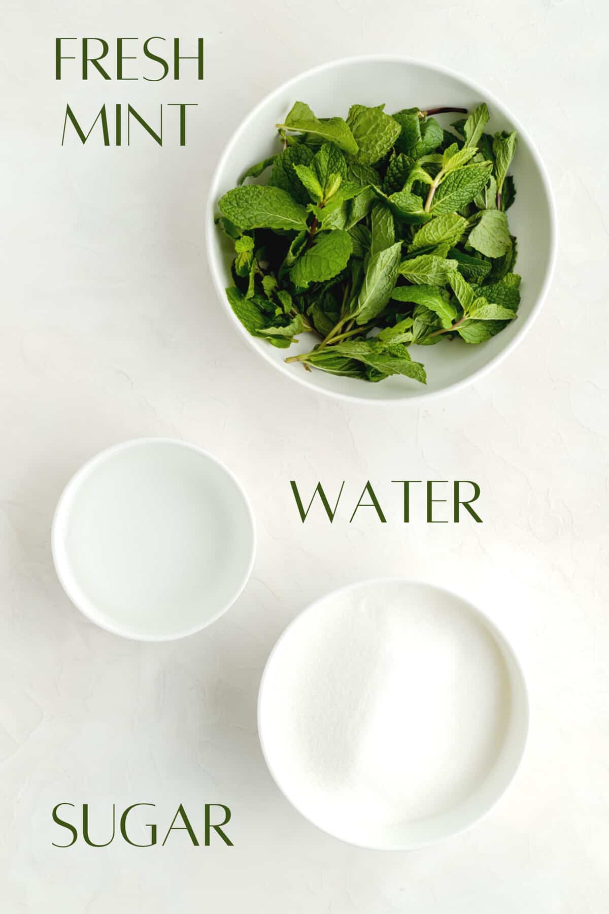 Labeled ingredients for mint simple syrup in individual bowls.