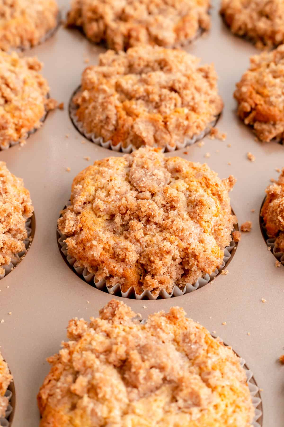 45° angle close up of baked cinnamon streusel muffins in champagne muffin pan.