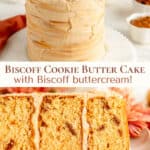 pin graphic for Biscoff butter cake.