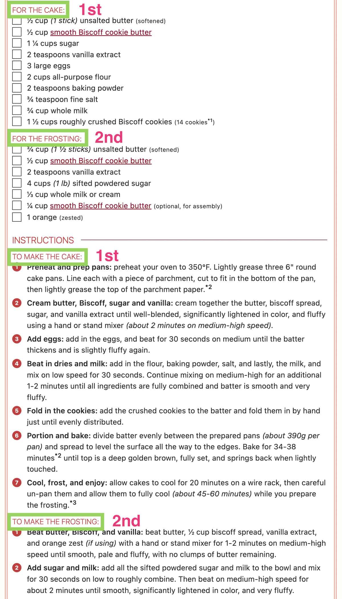 screenshot of biscoff cake recipe card with ingredient and instruction headers highlighted.