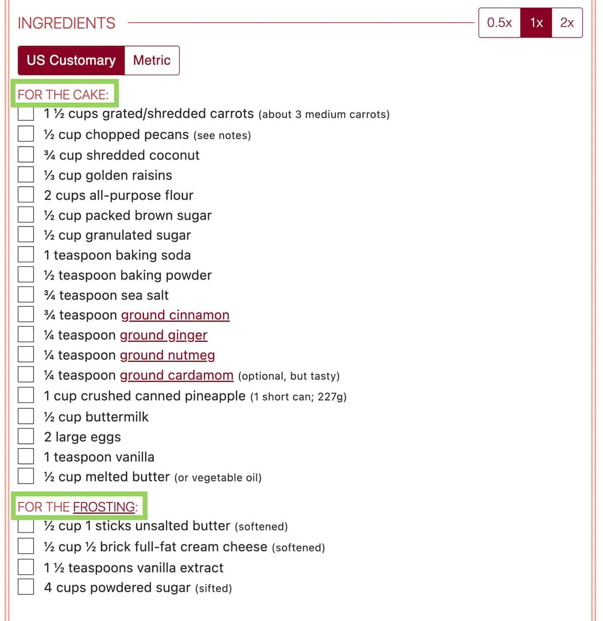 screenshot of carrot cake recipe card with ingredient headers highlighted.