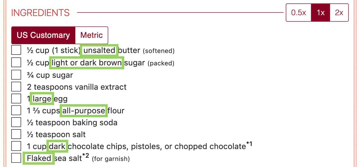 screenshot of chocolate chip cookie ingredient list with ingredient modifiers highlighted.