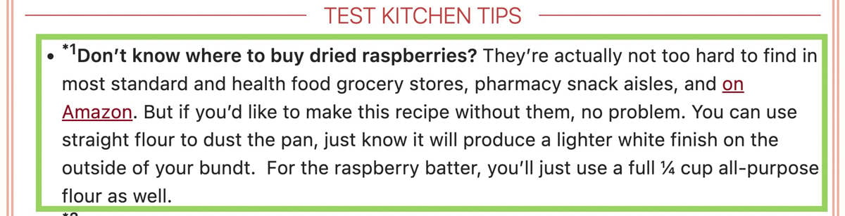 screenshot from raspberry bundt recipe card showing not on where to buy freeze dried raspberries.