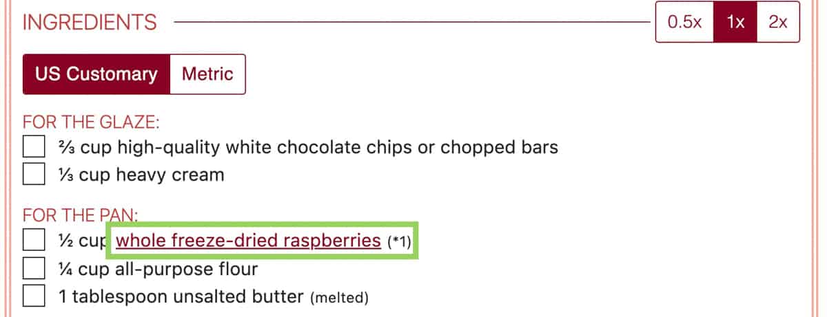 screenshot of raspberry bundt recipe card with linked freeze-dried raspberry ingredient highlighted.