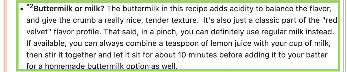 screenshot of note from red velvet cake recipe card showing a buttermilk vs. milk explanation.