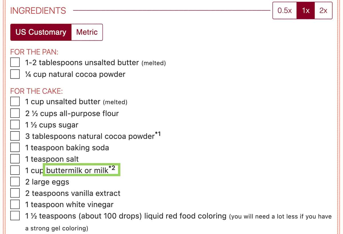 screenshot of recipe card for red velvet bundt cake with buttermilk or milk highlighted.