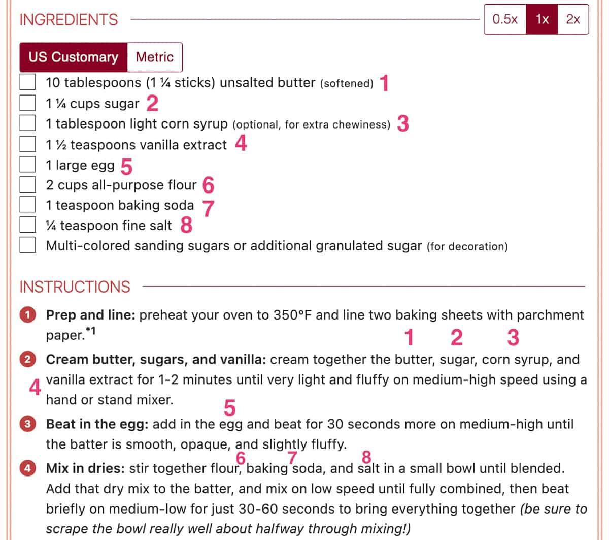 screenshot of recipe card for sugar cookies with ingredient order numbered.