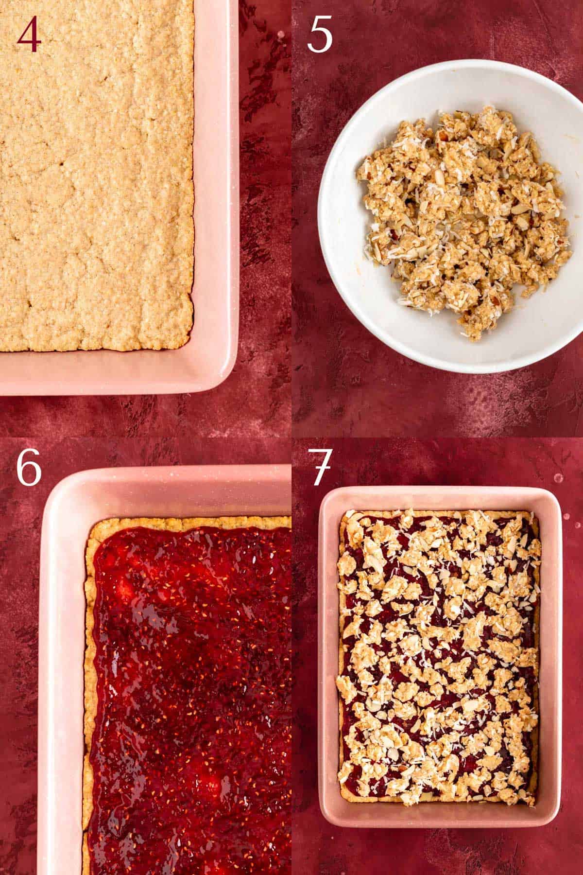 baked crust, topping dough, jam on the crust, and crumbs over jam before baking process steps.