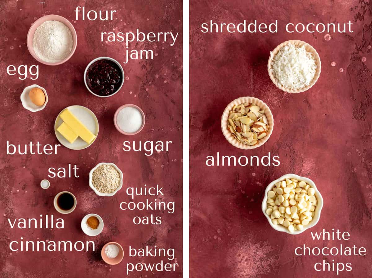 flour, jam, egg, butter, sugar, salt, oats, vanilla, cinnamon, baking powder, coconut and almonds in bowls.