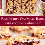 pinterest graphic showing raspberry bars from the top and side.